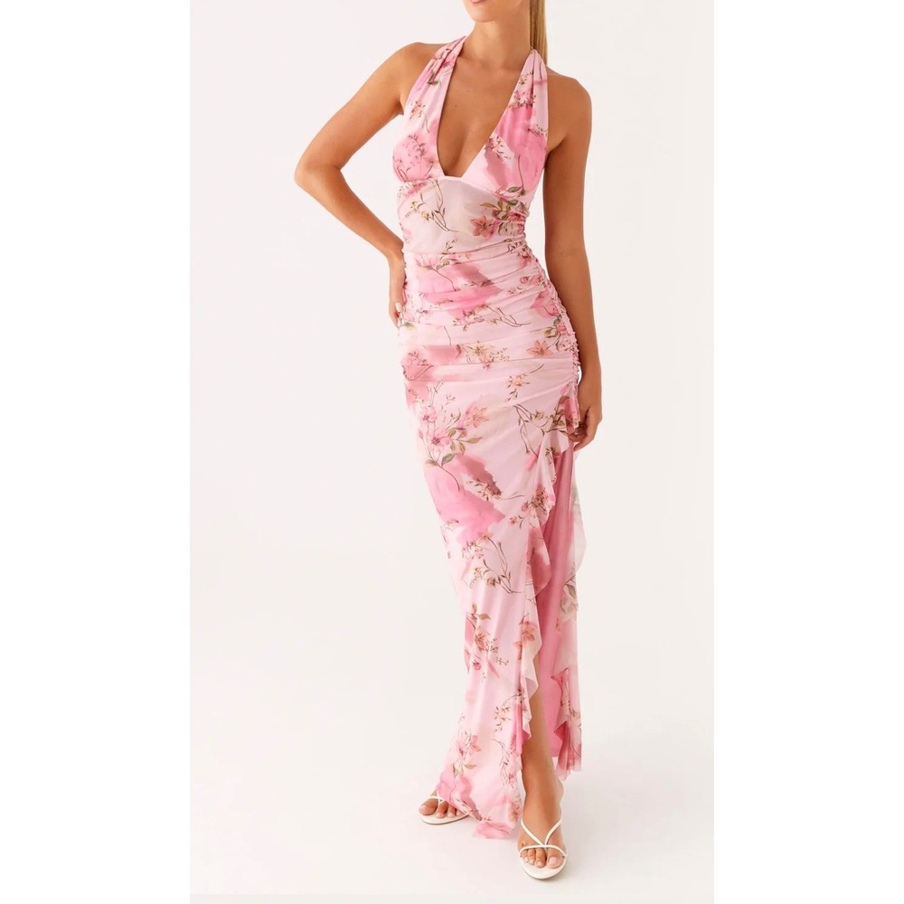 Peppermayo Micca Halter Maxi Dress Pink Floral Open Back Ruched Ruffle US 2 NWOT